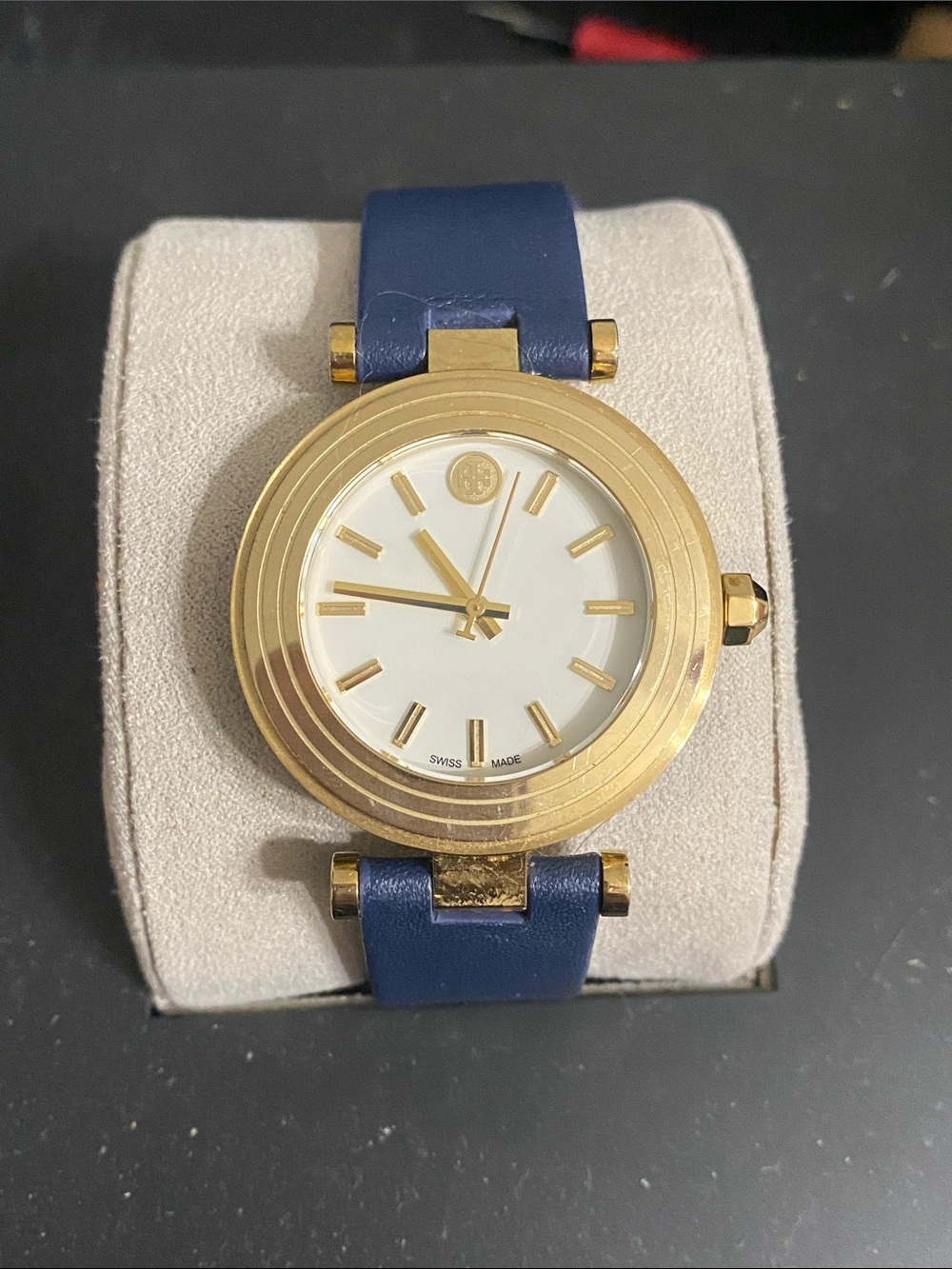 Swiss Made Tory Burch Gold Tone Watch with White Dial and Blue Leather Strap